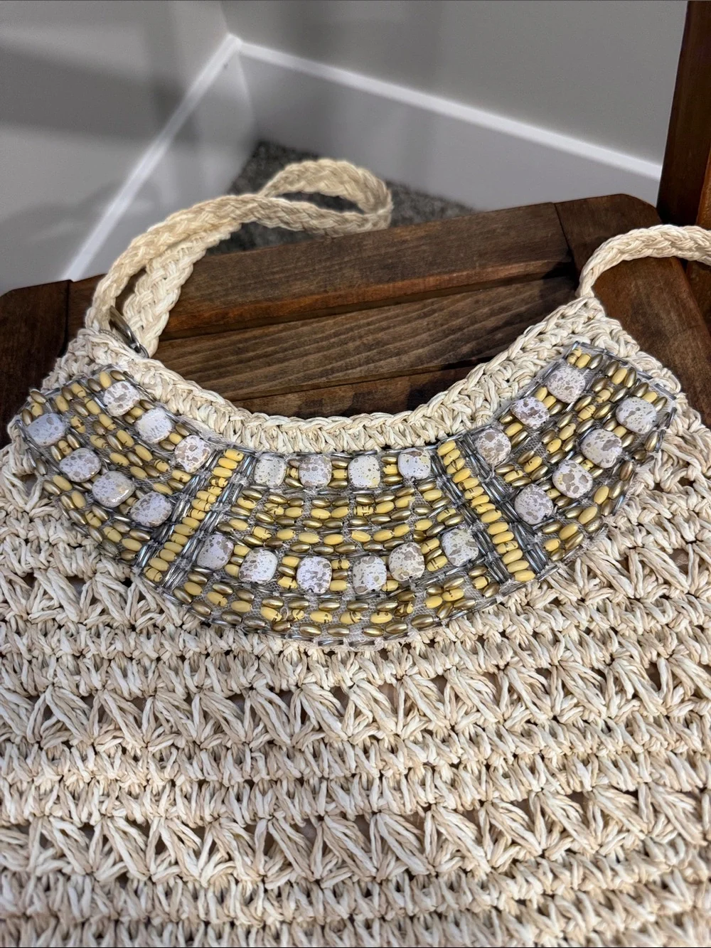 Vintage Sun N Sand Beaded Woven Raffia Shoulder Bag Boho Coastal Beaded Stones